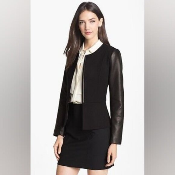 Sandro Paris Vegan Leather Ponte Black Zip Blazer Jacket - Picture 1 of 6